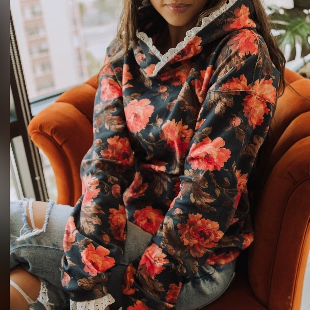 AMPERSAND AVE Unuversity Floral Hoodie - Black and Red
